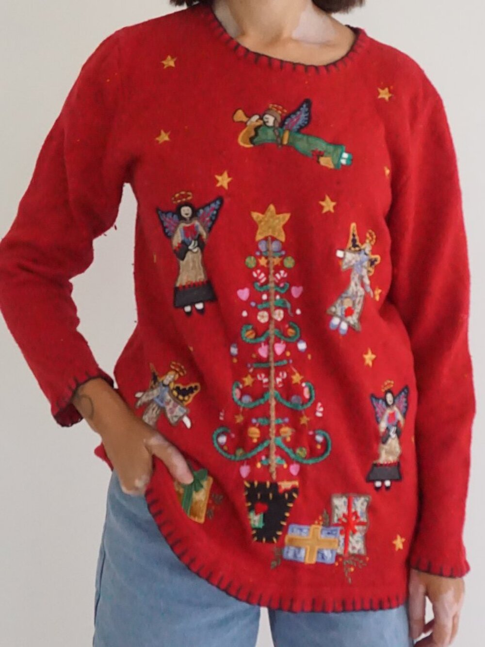 Vintage Victoria Jones Red Angel Christmas Tree Gifts Stars Wool Blend Sweater M